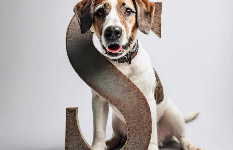 Ein Hund sitzt neben einem großen, stilisierten Buchstaben "S".