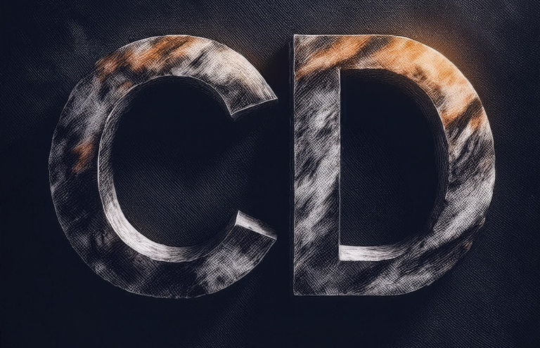 Der Schriftzug "CD" in einem metallic wirkenden, strukturierten Design auf dunklem Hintergrund.