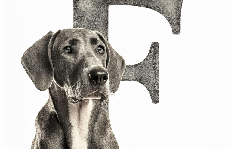 Graue Hündin sitzt neben einem großen Buchstaben "F".