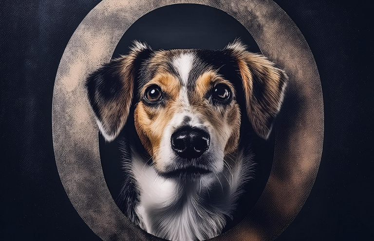 Ein Hund mit braunen und weißen Fell, der durch einen ovalen Rahmen schaut.