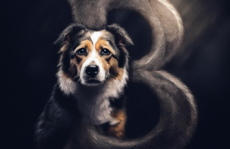 Ein Hund mit braun-weißem Fell vor einer stilisierten 8 in Grau.