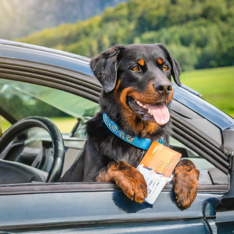 Ein Rottweiler sitzt im Auto und hält ein Stück Holz im Maul.