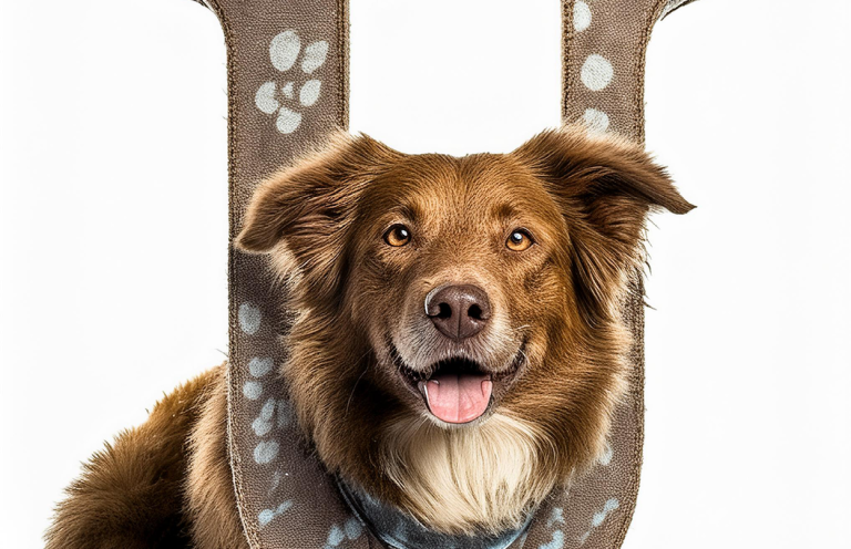 Lächelnder Hund mit braunem Fell vor einem weißen Hintergrund.